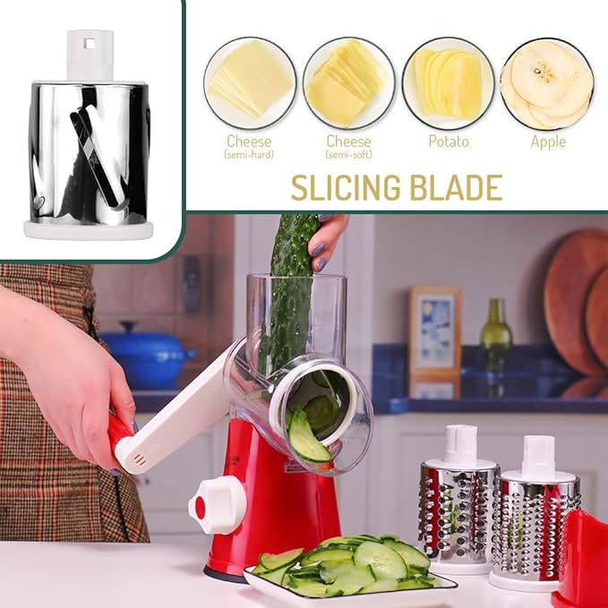 Rotary Cheese Grater with Handle Vegetable Shredder Round Kitchen Slicer Mandoline Grater for Vegetable, Nuts, Chocolate, Cheese, White, 3 Stainless Steel Blades