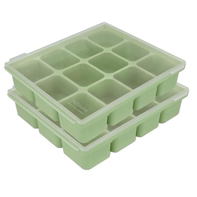 Baby Food Storage Silicone Cubes with Clip-On Lid Freezer Tray Baby Food Soups Purees Ice Safe Design Made in Korea (12cubes 1.5oz, Celadon Green Set of 2)