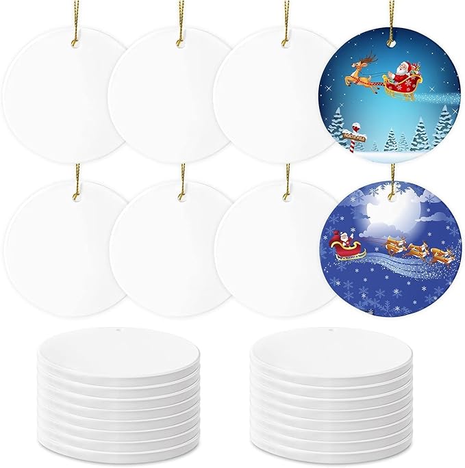 Sublimation Ceramic Ornaments - Bulk White Round Porcelain Ornament Blanks for Heat Press Printing - Personalized Xmas Tree Keepsake Crafts Gift