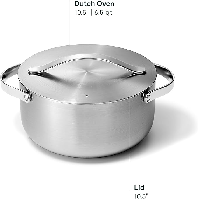 Caraway Stainless Steel Dutch Oven (6.5 Qt) - 5-Ply Stainless Steel - Oven Safe & Stovetop Agnostic - Non Toxic, PTFE & PFOA Free