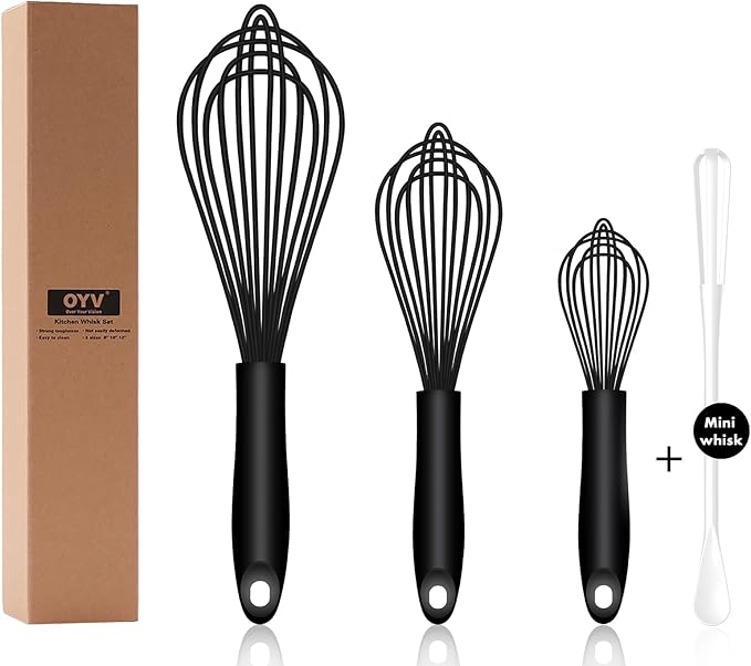 Dishwasher Safe Silicone Whisk, Sealed Waterproof Design Set of 3, Professional Kitchen Whisks for Cooking Non-Scratch, Silicone & Stainless Steel Whisk, Heat Resistant Balloon Egg Beater, Black