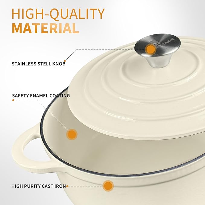 Trustmade 4.5 QT Cast Iron Dutch Oven, Enamel Coated Cookware Pot with Self Basting Lid for Home Baking, Braiser, Cooking, White