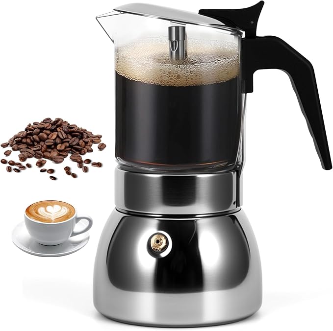 Stovetop Espresso Maker, 6Cup 300ML Stainless Steel Stovetop Italian Coffee Maker Transparent Glass Moka Pot, Coffee Maker Mocha Pot for Home Cafe Outdoor Office