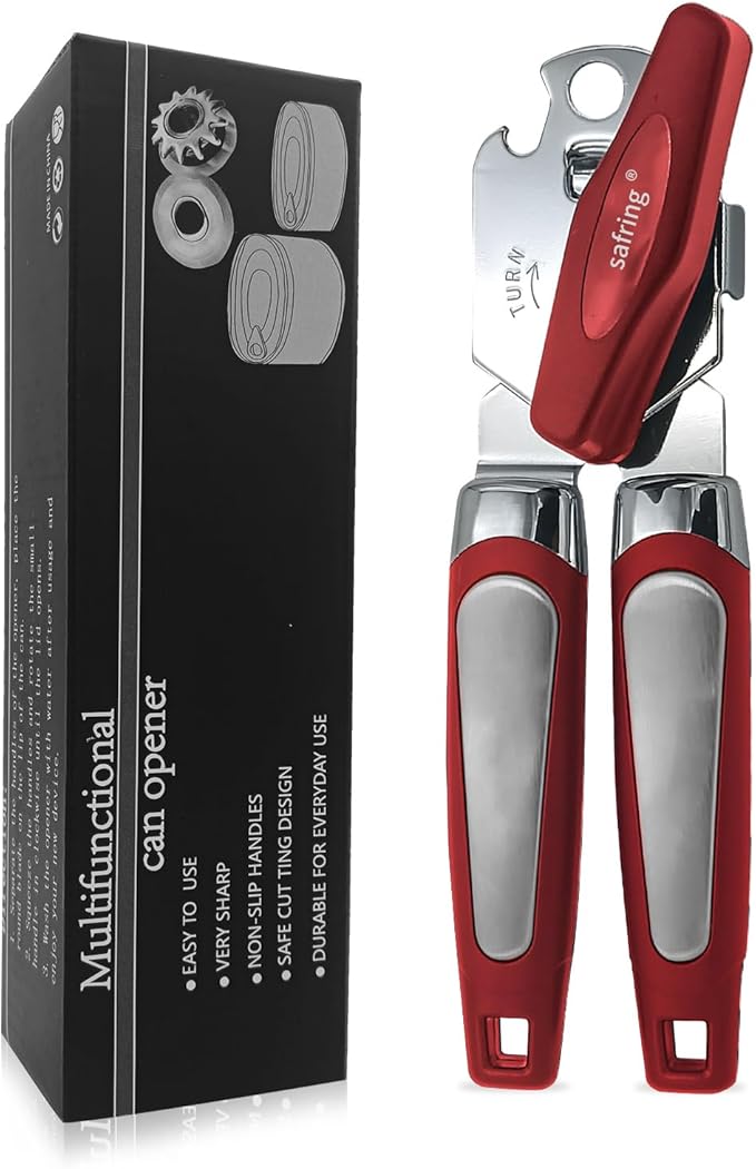 Can Opener Manual, Handheld Strong Heavy Duty Stainless Steel Can Opener, Comfortable Handle, Sharp Blade Smooth Edge, Can Openers with Multifunctional Bottle Opener, Red