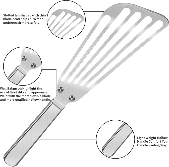 KSENDALO Flexible Fish Spatula Stainless Steel -Slotted Thin Egg Flipper with Riveted Handle, Angled Blade & Hollow Grip, Metal Turner for Cooking Fish Egg Pancakes (1 pack)