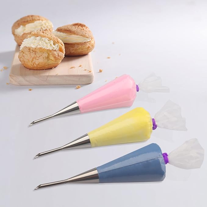 2Pcs Cream Icing Piping Nozzle Tip Stainless Steel,Long Puff Nozzle Tip with 50Pcs Disposable Pastry Piping Bags Cupcake and Puff Filling Kit Decorating Tool Supplies