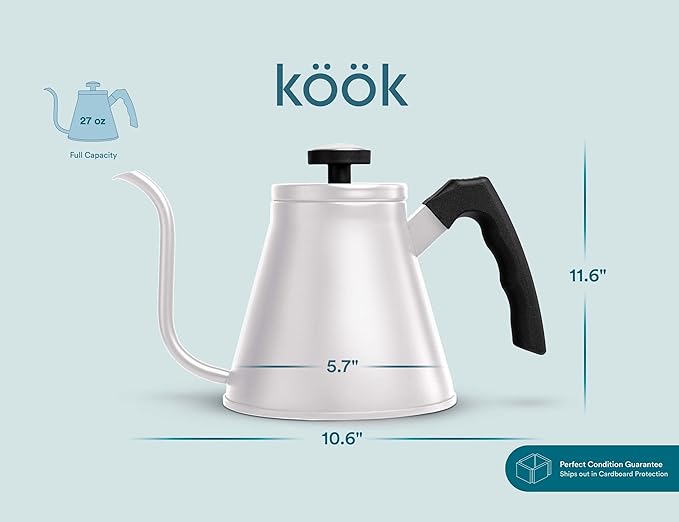 Kook Gooseneck Kettle, Kettle Stovetop, with Thermometer, Tea Pot, for Pour Over Coffee & Tea, Temperature Gauge, Electric, Compatible for Gas Stovetop, 3 Ply Stainless Steel Base, 27 oz, (White)