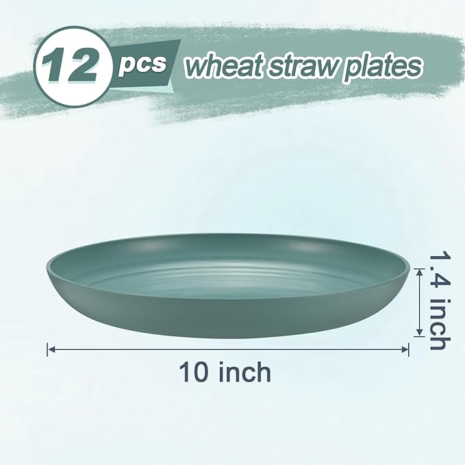 12 Pcs Unbreakable Deep Dinner Plates Set, 10 inch Reusable Plastic Wheat Straw Plates, Microwave and Dishwasher Safe Plate for Kitchen, Lightweight Plate for Dessert, BPA Free, Dark Green