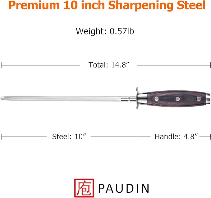 PAUDIN 10 Inch Honing Steel, Knife Sharpening Steel, Professional Carbon Steel Knife Sharpener Rod for Kitchen Knives