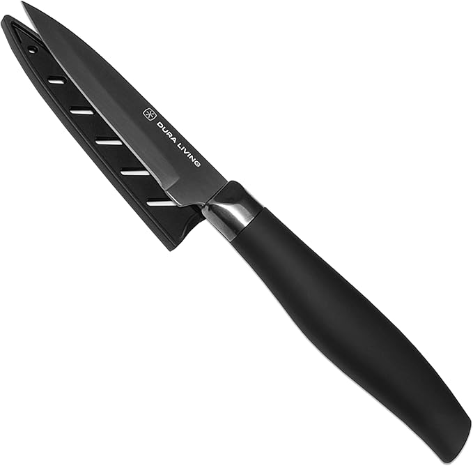 DURA LIVING Paring Knife - 3.5 Inch Black Nonstick Titanium Plated Stainless Steel Ultra Sharp Blade, With Ergonomic Comfort Grip Handle Kitchen Knife, With Matching Sheath