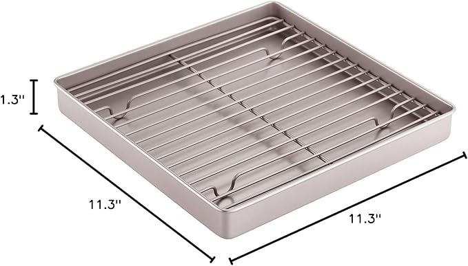 CHEFMADE Roasting Pan with Rack, 11-Inch Non-Stick Square Shallow Dish Sheet Pan with Wire Rack for Oven Baking, BBQ and Roasting 11.2" x 11.2" x 1.4" (Champagne Gold)