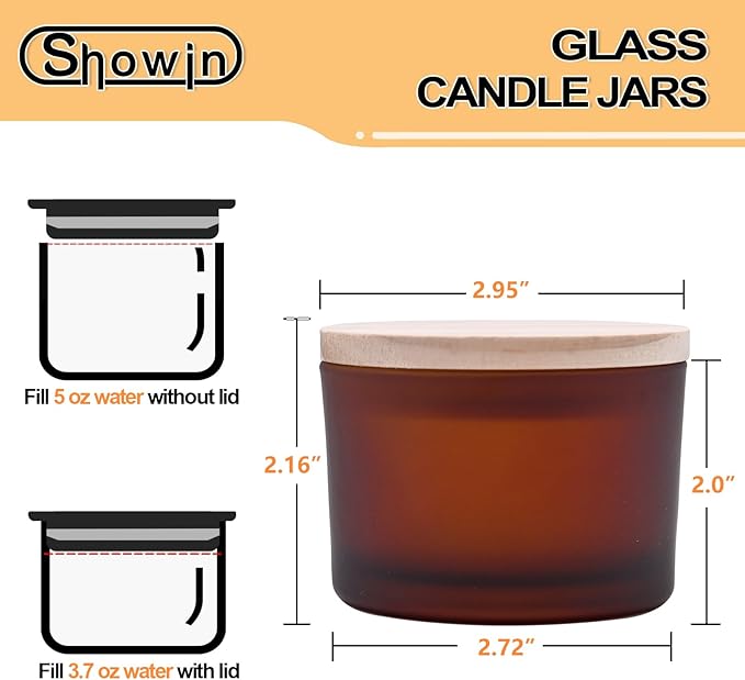 SHOWIN Thick Candle Jars for Making Candles 16 Pcs, 4 OZ Empty Jars with Wood Lids for Candle Making, Sample Container - Dishwasher Safe, Frosted Brown