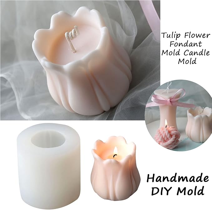 Silicone Candle Mold, 3D Handmade Soap Mould,Tulip Flower Shape Mold,Fondant Chocolate Baking Molds,Polymer Clay Casting Mold for Candle Making Home Decoration