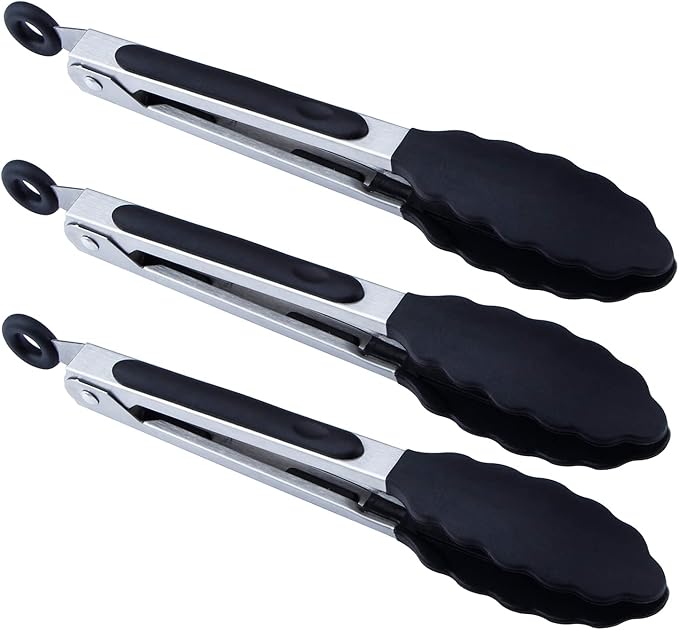 7 inch Cooking Tongs, MSY BIGSUNNY Set of 3 Mini Kitchen Tongs Silicone Serving Tongs With Silicone Tips for FoodGrill, Salad, BBQ (black)