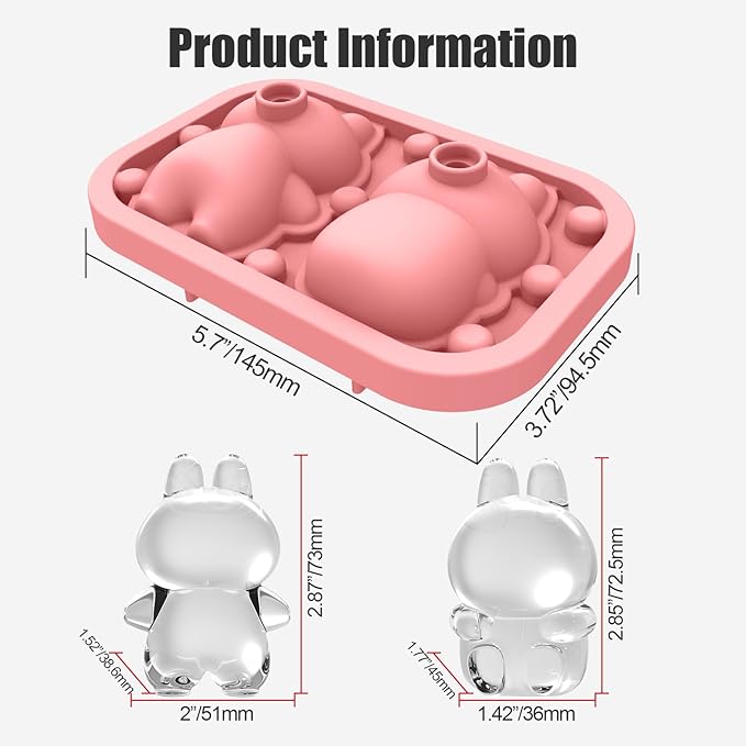 3D Rabbit Shapes Ice Cube Mold Silicone Large Ice Cube Molds 2.5 inch Animal Ice Cube Tray for Cocktails, Bourbon,Brandy, Whiskey Gifts for Men (Pink)