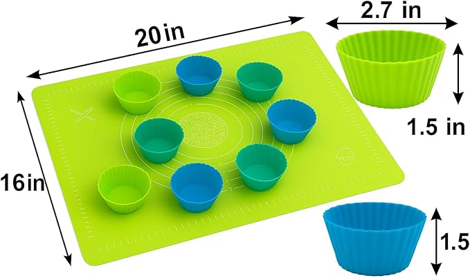 Silicone Baking Set with Silicone Baking Mat (12” x 16”) and 10 Standard Cupcake Liners (2.7” Reusable Muffin Cups) – Nonstick Pastry Mat for Rolling Dough, Oven Safe, BPA Free, Easy to Clean