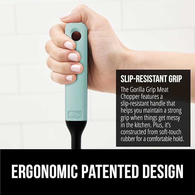 GORILLA GRIP Patented Heat Resistant Meat Chopper, Soft Handle, Nonstick Hamburger Smasher, Break Apart Food, Safe on All Cookware Ground Beef Grinder, Non Scratch Potato Masher Kitchen Tool, Mint