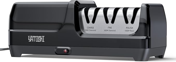 Yatoshi Electric Sharpener, 50-Watt, Diamond Abrasives and Precision Angle Guides, 20-Degree Straight-Edge and Serrated Knives, 3 Stage