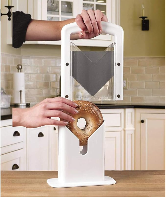Hoan The Original Bagel Guillotine Slicer - 9.25-Inch Stainless Steel Blade Slicer - Safe and Efficient Easy Bagel Cutter for Muffins, Rolls, Buns with Precision Ground Serrated Blade (White)