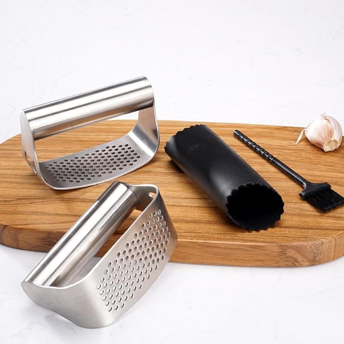 Stainless Steel Garlic Presser, Upgraded Garlic Press Rocker Garlic Mincer Garlic Crusher with Peeler and Cleaning Brush, Garlic Chopper for Smash Garlic Kitchen Gadgets Tools