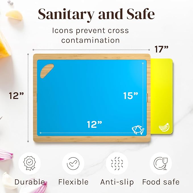 Cutting Boards for Kitchen – Bamboo Cutting Board Set with 6 Color-Coded Flexible Chopping Mats, Easy Clean Wood and Dishwasher-Safe Plastic, Large 17×12, Knife-Friendly by Cooler Kitchen
