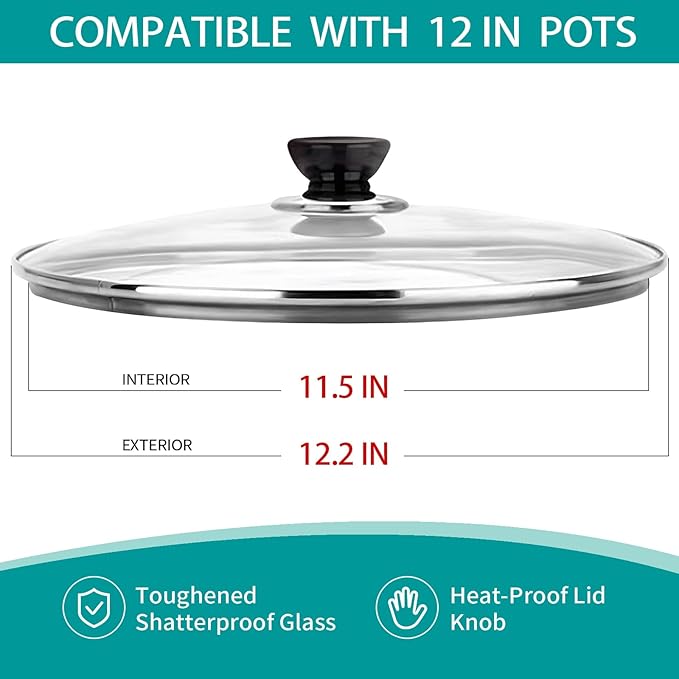 12 Inch Pan Lid, Universal Replacement Pot Lid for Frying Pans, Cast Iron Skillets, Tempered Glass Pan Cover with Steam Vent