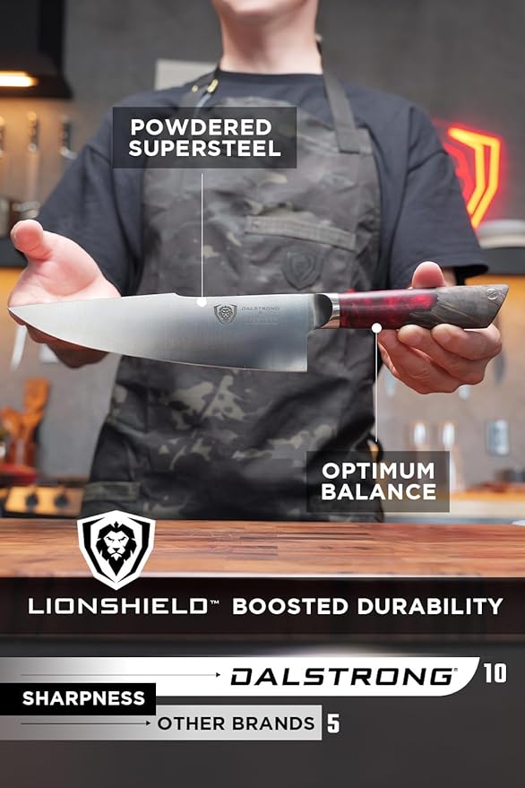 Dalstrong Chef Knife - 8 inch - Spartan Ghost Series - American Forged S35VN Powdered Steel Kitchen Knife - Maple & Red Resin Handle - Razor Sharp Cooking Knife