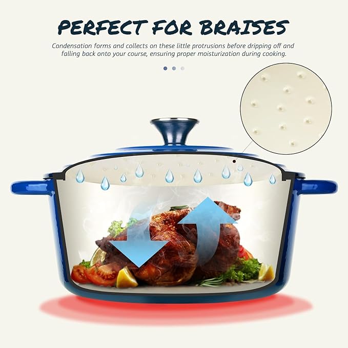 Overmont Enameled Cast Iron Dutch Oven - 5.5QT Pot with Lid Cookbook & Cotton Potholders - Heavy-Duty Cookware for Braising, Stews, Roasting, Bread Baking blue