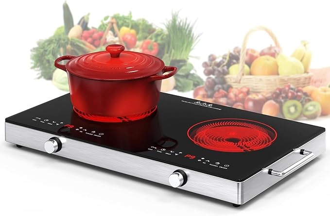 2 Burner Electric Cooktop, 110V 2400W Electric Stove Top, 24 Inch Hot Plate with Knob Control, Kids Lock & Timer, 9 Power Levels, LED Touch Control
