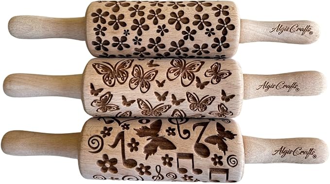 SUMMER 3 KID Rolling Pin SET. Wooden Laser Cut Mini Rolling Pins for cookies, play dough, salt dough or clay Butterfly, Music Flower by Algis Crafts