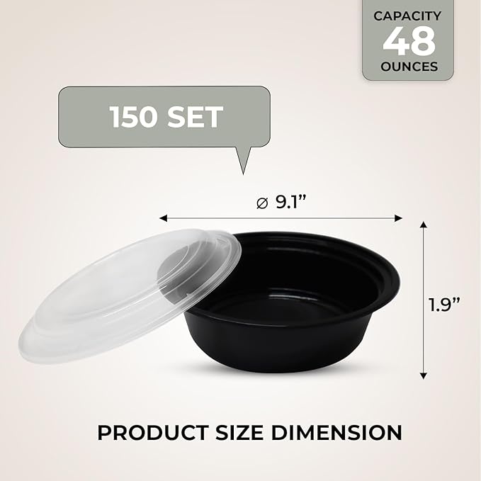 Klex 12 Oz, 50 Sets Meal Prep Containers with Airtight Lids, BPA Free, Reusable Plastic Food Container, 12 oz, Round, Black/Clear, 50 Sets