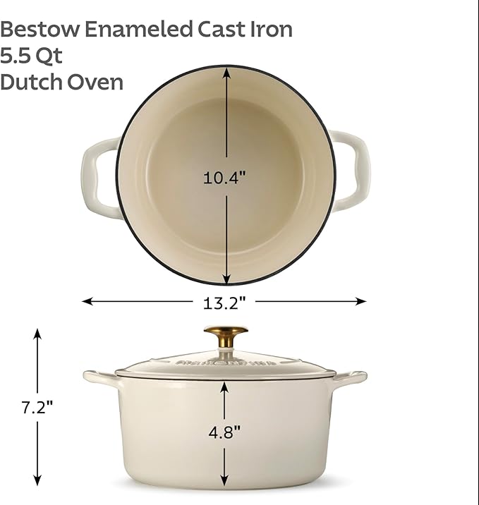 Tramontina Bestow Enameled Cast Iron Dutch Oven Pot with Lid, Round 5.5-quart, Latte with Gold Knob