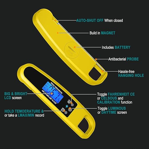 Instant Read Meat Thermometer for Kitchen Cooking, Ultra Fast Precise Waterproof Digital with Backlight, Magnet and Foldable Probe for Food,Deep Fry, Outdoor BBQ, Grill(Yellow)