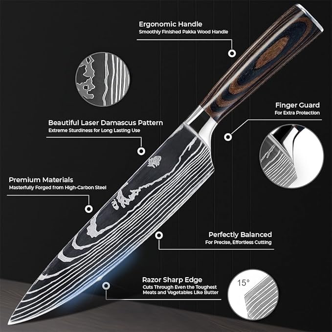 SENKEN 16-Piece Natural Acacia Wood Kitchen Knife Block Set - Japanese Chef's Knife Set with Laser Damascus Pattern, Includes Steak Knives, Kitchen Shears, Santoku, Cleaver & More (Wooden Handles)
