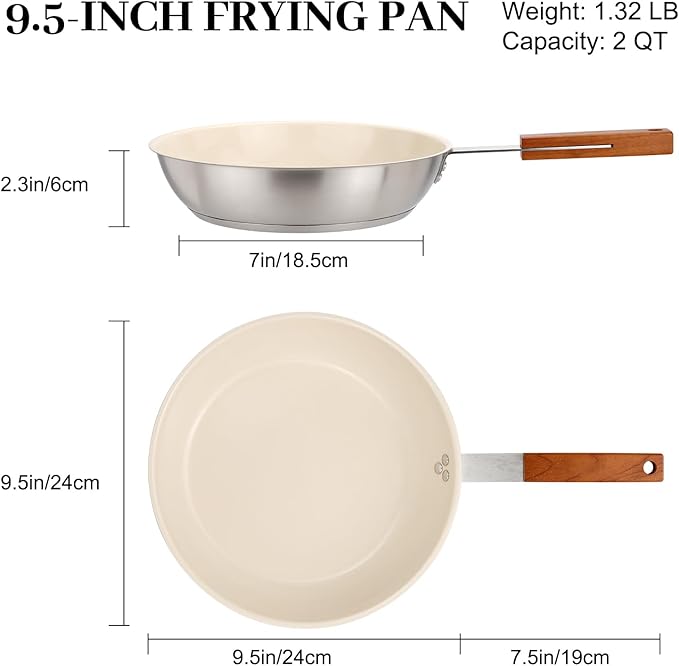 MARSKITOP 9.5" Stainless Steel Frying Pan Skillet with Healthy Ceramic Nonstick Coating and Wooden Handle - Non Toxic and PFAS Free - Compatible with All Cooktops