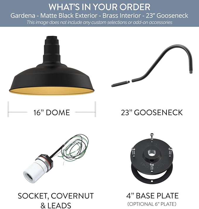Steel Lighting Co. Gardena Barn Light | Outdoor Wall Mounted | 16" Dome | 23" Gooseneck | Farmhouse Light Made in America | Matte Black Exterior/Brass Interior