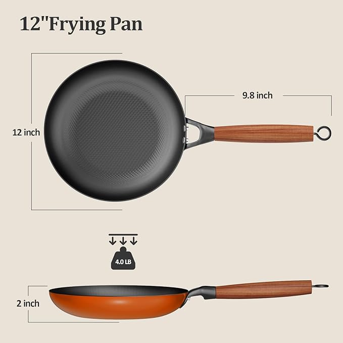 YUTANN 12 Inch Nonstick Cast Iron Pan - Pre-Seasoned Skillet with Oil-Saving Diamond Pattern, Removable Handle, Oven Safe, Healthy & Durable Cooking
