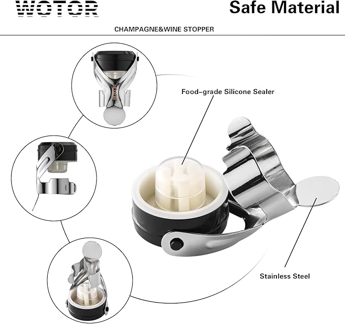WOTOR Champagne&Wine Bottle Stoppers Stainless Steel with Food Grade Silicone, Leak Proof Keep Fresh Reusable Saver, Cork Suitable for Wine, Champagne, Cava, Prosecco and Sparkling (12 Pack Silver）