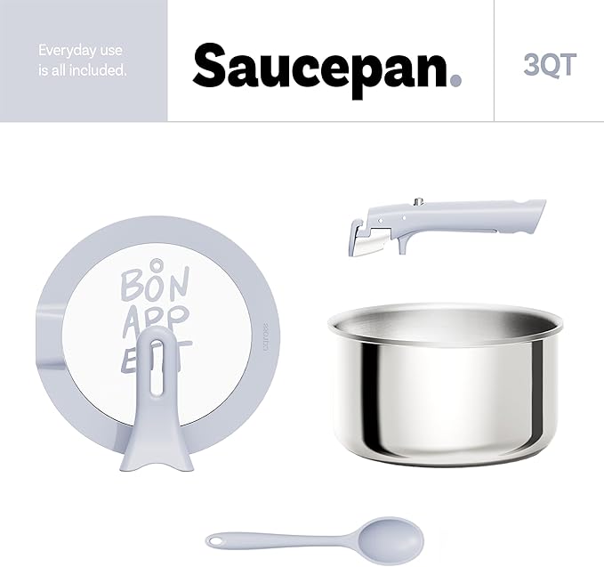 CAROTE 3QT Stainless Steel Sauce Pan with Stand-Up Lid, Nonstick Stainless Steel Pot with Detachable Handle, Non Toxic Kitchen Saucepan, Induction Kitchen Cookware, Oven Safe to 600°F
