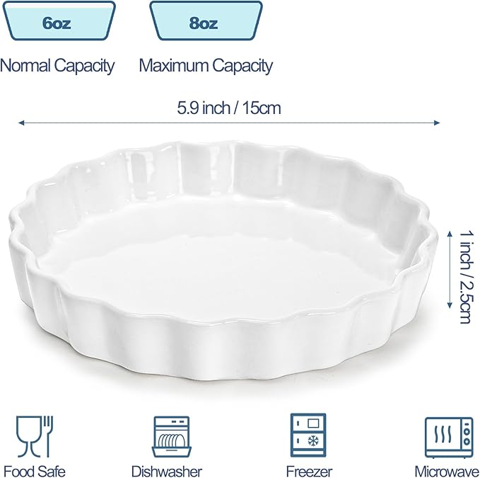 Foraineam 6 Pack 8 Ounce Porcelain Creme Brulee Ramekins Mini Fluted Quiche Dishes, 6 Inch Tart Pan Round Pie Plates for Baking, Dishwasher and Oven Safe