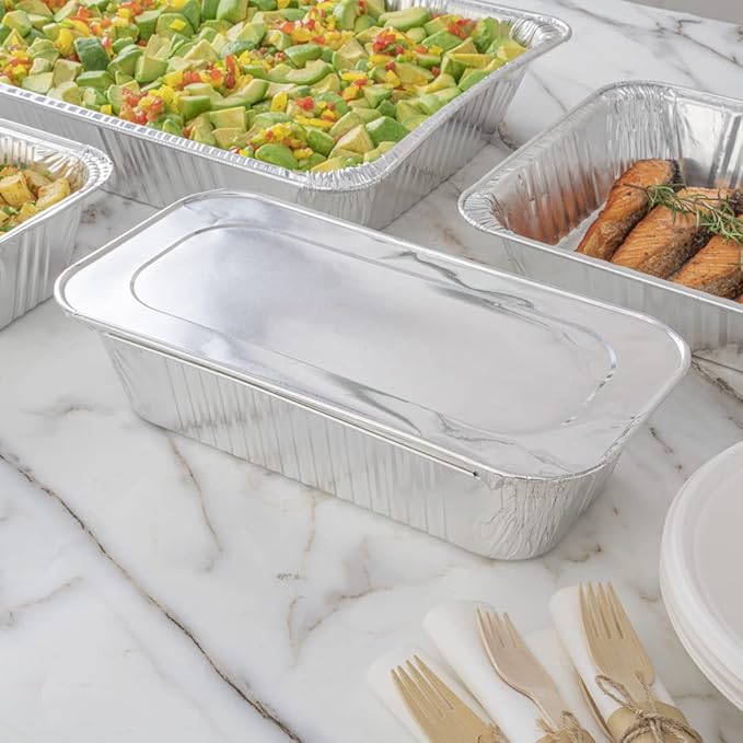 Restaurantware-LIDS ONLY: Foil Lux Foil Pan Lids Pack of 25 Oven-Ready Aluminium Tray Covers - Pans Sold Separately, Fits 1/3 Third-Size Steam Table, Foldable Edges, Freezable, Silver, Disposable