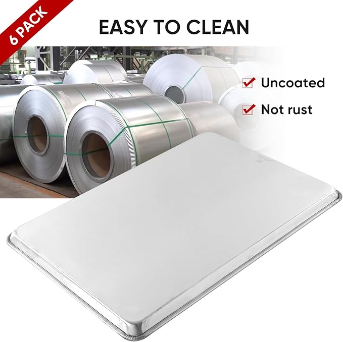 TENUP 6 Pack Aluminum Full Sheet Pan, 26" x 18" Heavy Duty Commercial Baking Tray Reinforced Rim, Warp-Resistant Rust-Free