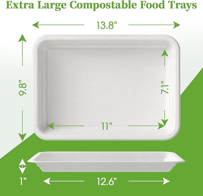 ECOLipak 50 Pack 14 Inch Disposable Food Crawfish Trays, Compostable Large Paper Plates, Disposable Thanksgiving Trays for Serving Food, Turkey, BBQ, Seafood Boil Party Supplies(White)