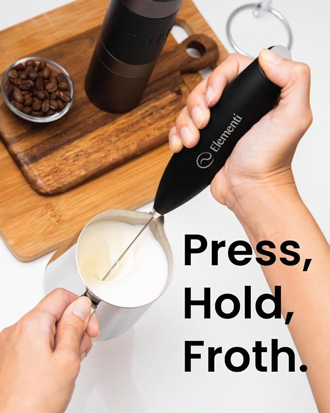 Elementi Milk Frother Handheld - Electric Coffee Mixer for Lattes, Cappuccinos and Cold Foam - Compact Drink Frother Wand for Barista-Style Beverages - Yellow