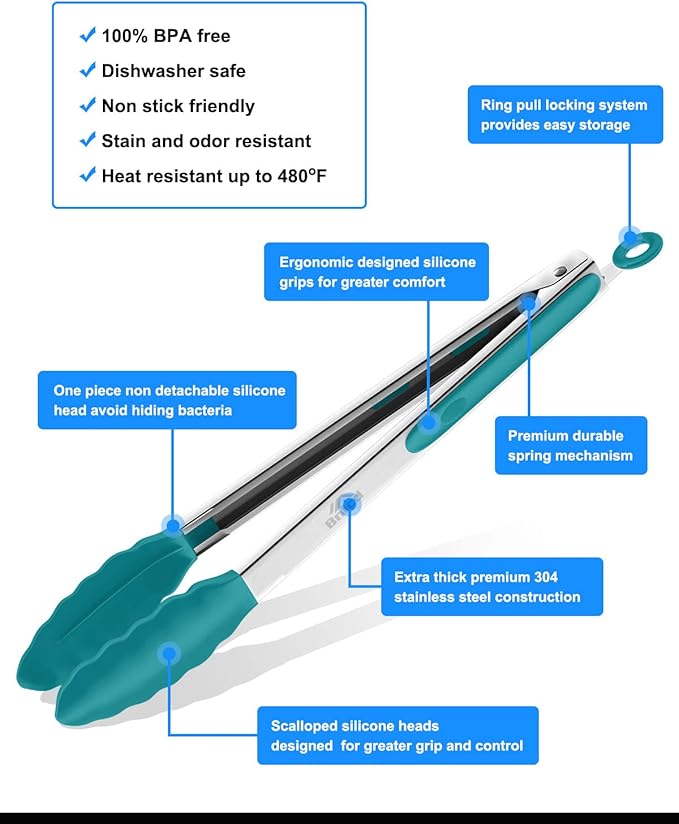 600ºF Heat Resistant Kitchen Tongs, Premium Locking Cooking Tongs with Silicone Tips, Non-Slip Food Tongs for Cooking, Non-Stick, Heavy Duty Stainless Steel Handle, Set of 3-7" 9" and 12" Aqua Sky