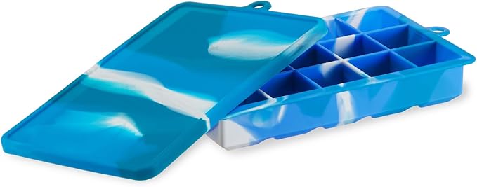 Host Ice Cube Tray with Lid, Makes 15 1.25" Cubes, Durable Silicone Trays, Perfect for Cocktails, Beverages, Mocktails, Iced Coffee, Tea, Infused Water, Kitchen Essentials, Set of 1, Blue Marble