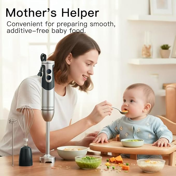 Megawise High-Power Hand Blender – 400W Max Power with Versatile 3-in-1 Attachments (Blending Shaft, Whisk, Chopper); Ergonomic Design with Adjustable Speed Control; Easy to Clean and Maintain (Black)
