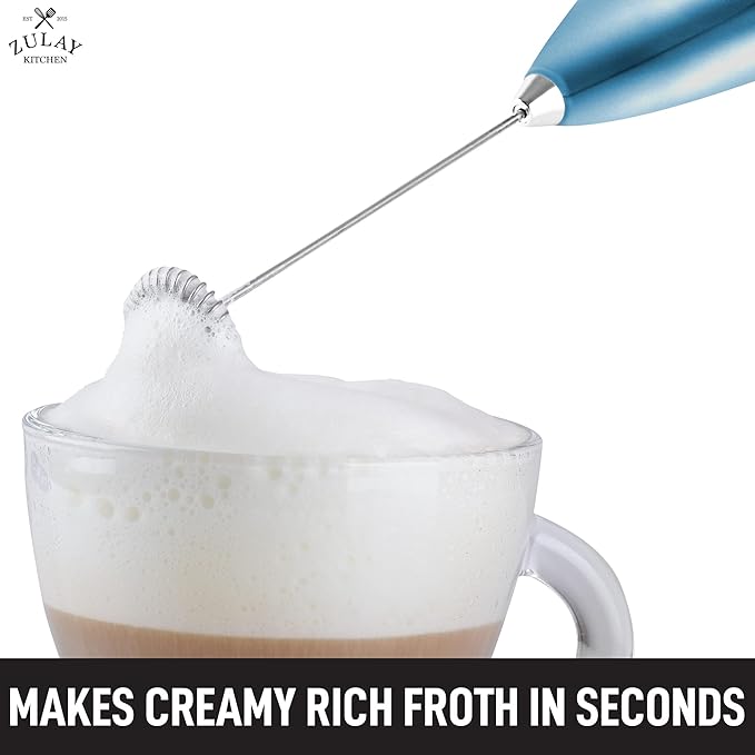 Zulay Double Grip Milk Frother for Coffee With Upgraded Holster Stand - Coffee Frother Handheld - Electric Handheld Foam Maker - Hand Mixer for Latte, Matcha - Electric Whisk (Metallic Ice Blue)