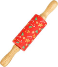 Mini Silicone Rolling Pin for Kids, Non-stick Surface Wood Handle, 9 Inch 1 Pack Red Christmas Tree