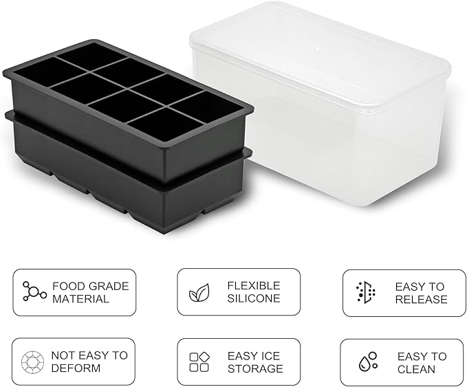 Bangp Large Ice Cube Tray with Bin and Tongs,2 Pack Large Size Silicone Ice Cube Trays for Whiskey, Big Square Ice Cube Molds Making 16 Giant Ice Cubes for Whiskey Cocktails Bourbon